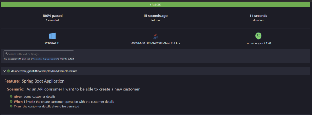 example cucumber report showing testing output and acceptance criteria