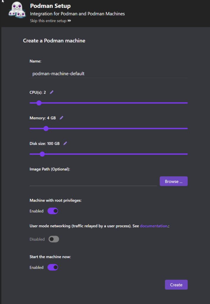 Podman machine configuration