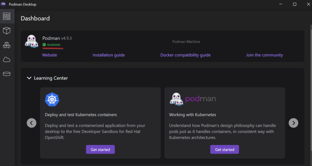 Podman dashboard after initialising podman machine