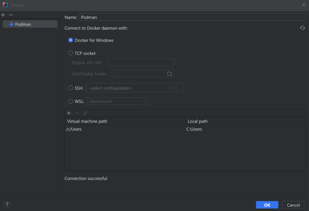 Podman connection settings in IntelliJ