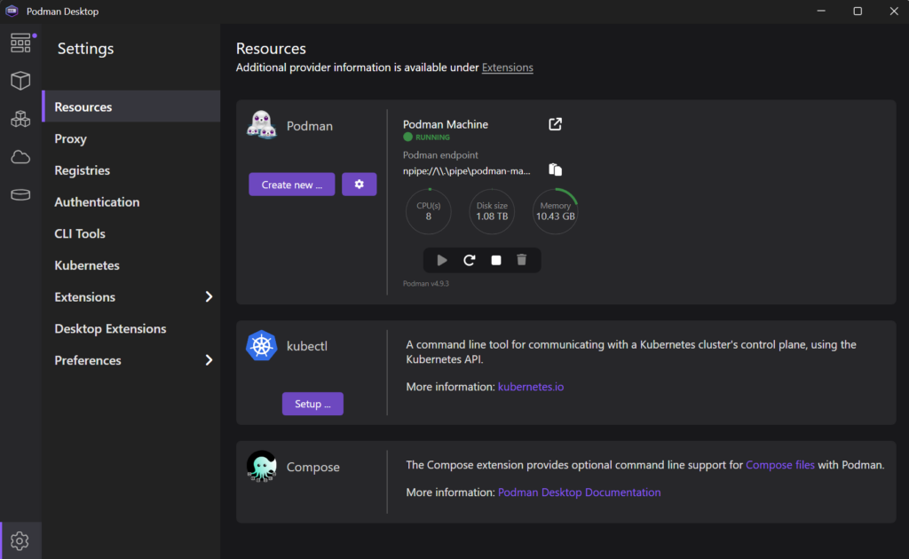 Podman resource settings