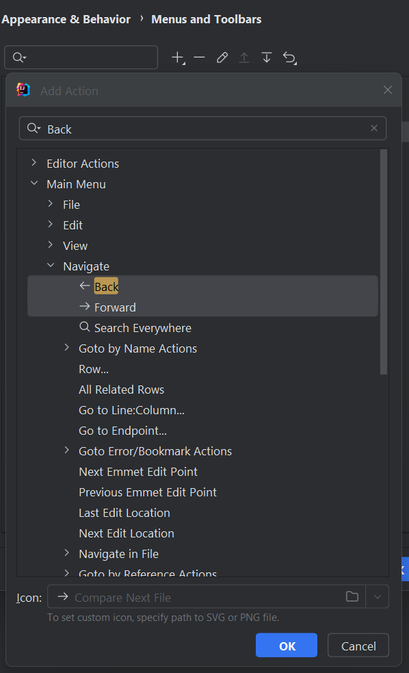 How to find and select desired actions to add to the main toolbar